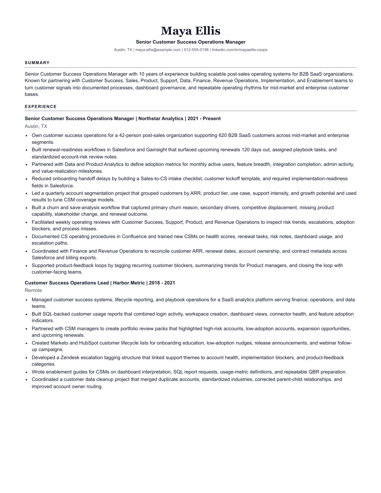 First page of a fictional customer success resume generated by Resume Assist